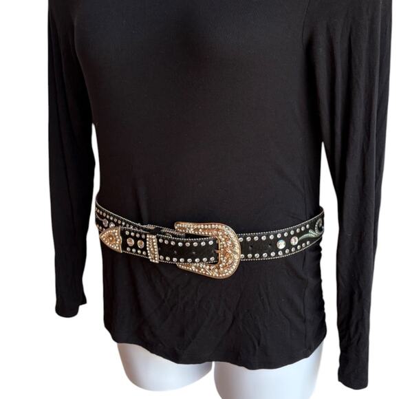 Nacona Black Calfskin Western Big Buckle Bling Belt w Rhinestones size M - Picture 4 of 13